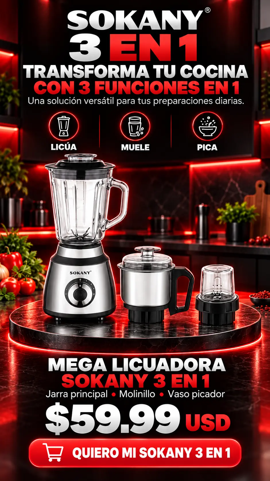 Licuadora Sokany 3 en 1 a $59.99, lista para comprar